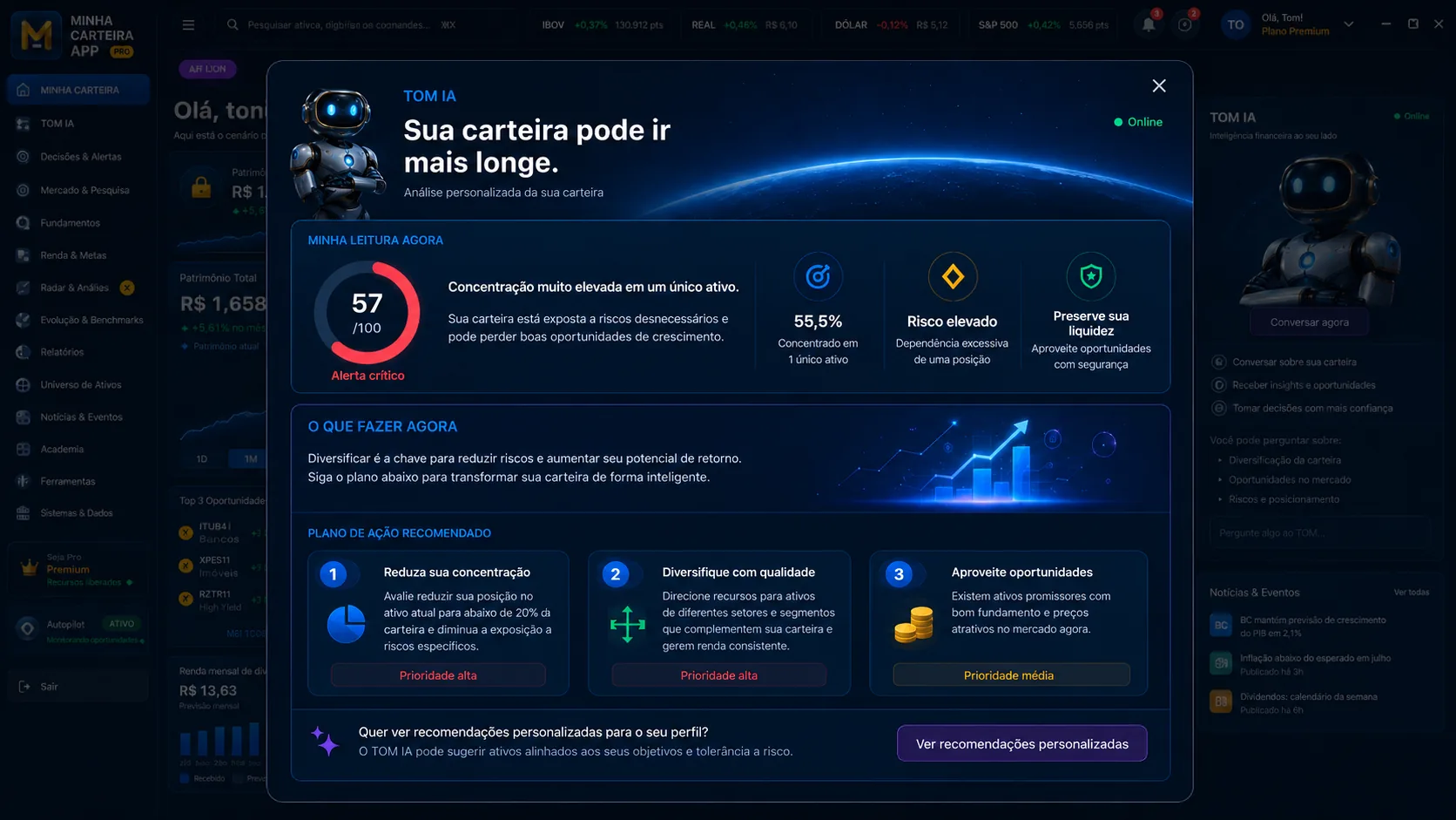 Tela de análise da TOM IA no MINHA CARTEIRA APP